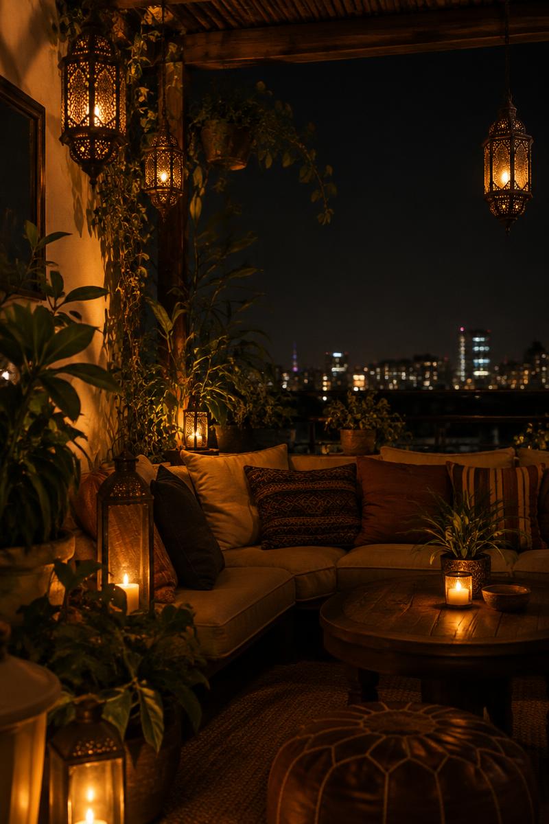 Lantern-lit rooftop seating at Cafe Khumaar